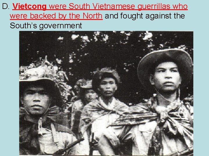 D. Vietcong were South Vietnamese guerrillas who were backed by the North and fought