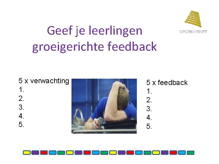 Geef je leerlingen groeigerichte feedback 5 x verwachting 1. 2. 3. 4. 5. 5