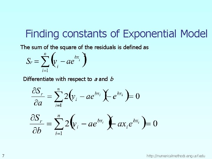 Finding constants of Exponential Model The sum of the square of the residuals is