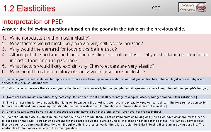 1. 2 Elasticities PED Interpretation of PED Answer the following questions based on the