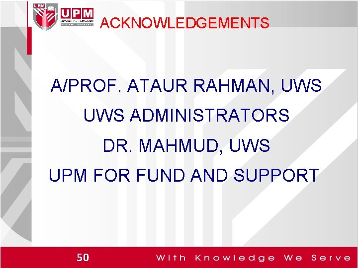 ACKNOWLEDGEMENTS A/PROF. ATAUR RAHMAN, UWS ADMINISTRATORS DR. MAHMUD, UWS UPM FOR FUND AND SUPPORT