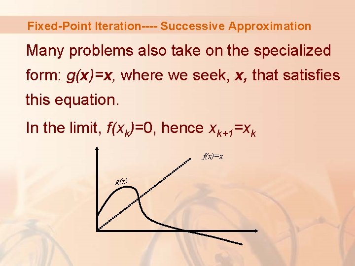 Fixed-Point Iteration---- Successive Approximation Many problems also take on the specialized form: g(x)=x, where