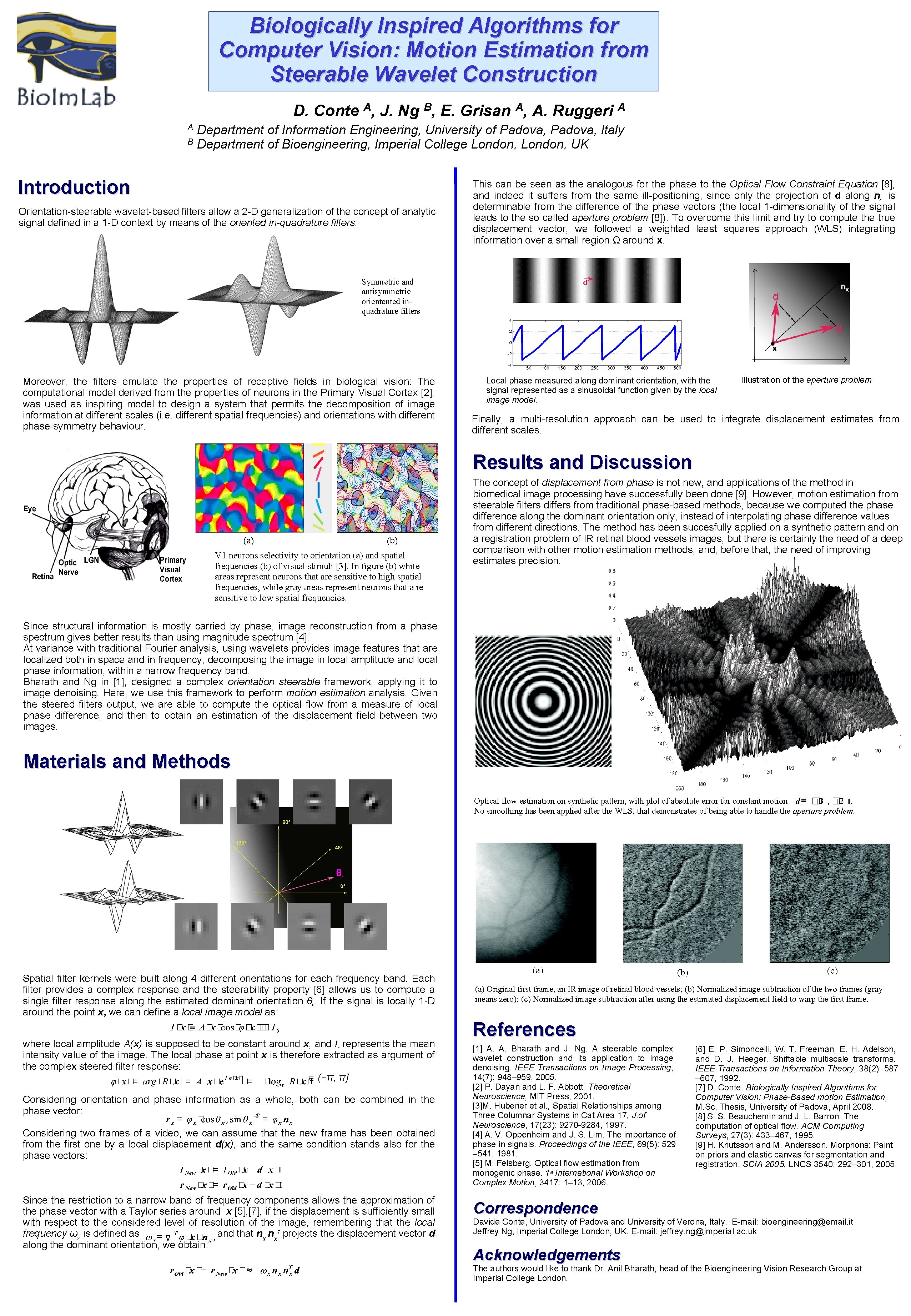 Biologically Inspired Algorithms for Computer Vision: Motion Estimation from Steerable Wavelet Construction D. Conte