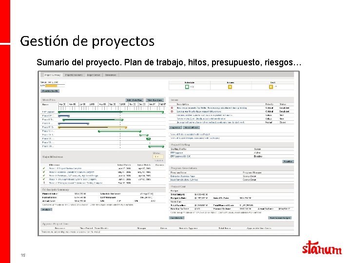 Gestión de proyectos Sumario del proyecto. Plan de trabajo, hitos, presupuesto, riesgos… 15 