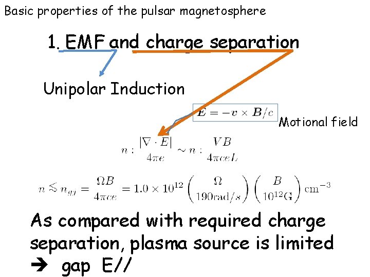 Basic properties of the pulsar magnetosphere 1. EMF and charge separation Unipolar Induction Motional