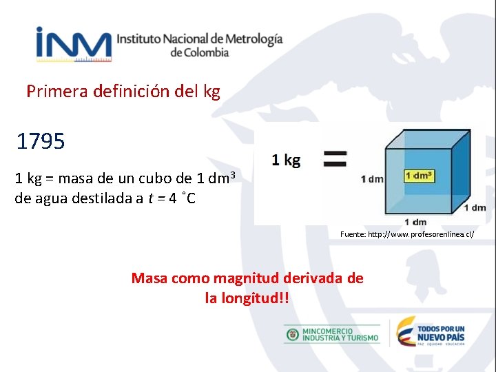 Primera definición del kg 1795 1 kg = masa de un cubo de 1