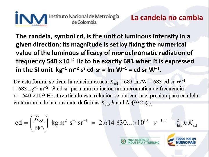 La candela no cambia The candela, symbol cd, is the unit of luminous intensity