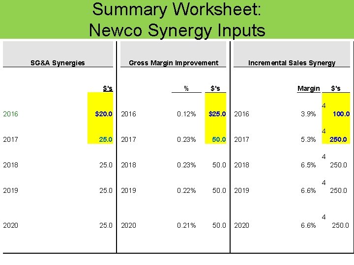 Summary Worksheet: Newco Synergy Inputs SG&A Synergies Gross Margin Improvement $'s % Incremental Sales