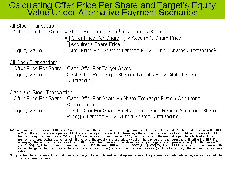 Calculating Offer Price Per Share and Target’s Equity Value Under Alternative Payment Scenarios All