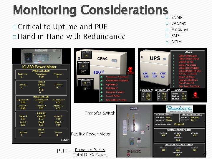 Monitoring Considerations � � Critical to Uptime and PUE � Hand in Hand with