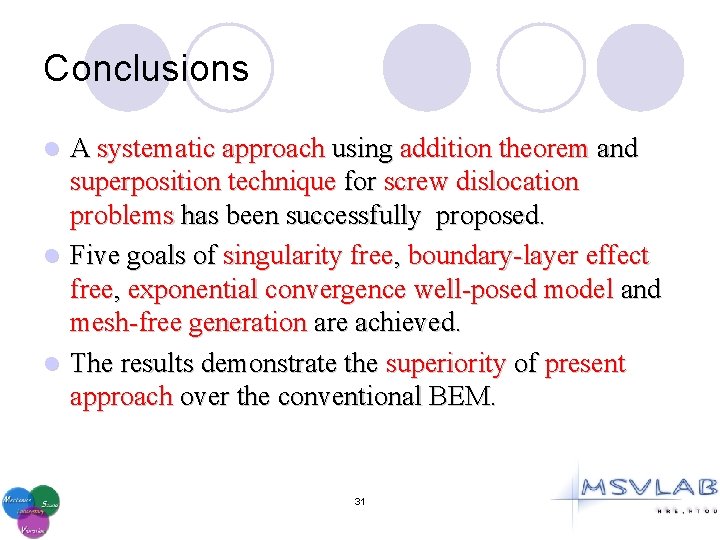 Conclusions A systematic approach using addition theorem and superposition technique for screw dislocation problems