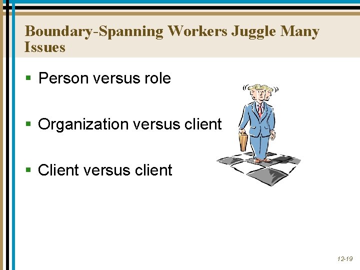 Boundary-Spanning Workers Juggle Many Issues § Person versus role § Organization versus client § Boundary-Spanning Workers Juggle Many Issues § Person versus role § Organization versus client §