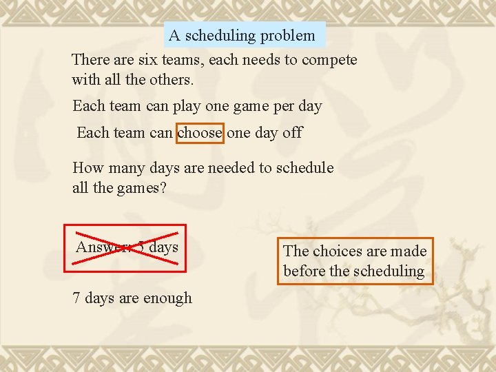 A scheduling problem There are six teams, each needs to compete with all the