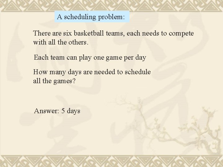 A scheduling problem: There are six basketball teams, each needs to compete with all