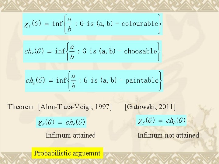 Theorem [Alon-Tuza-Voigt, 1997] Infimum attained Probabilistic arguemnt [Gutowski, 2011] Infimum not attained 