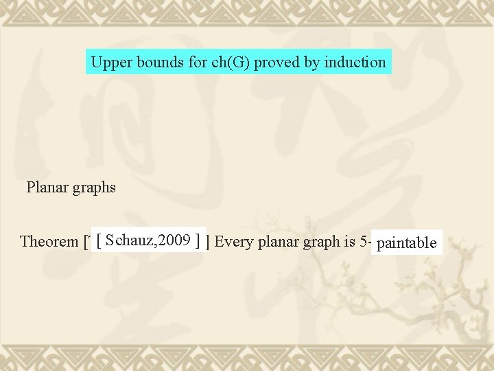 Upper bounds for ch(G) proved by induction Planar graphs [ Schauz, 2009 ] Every