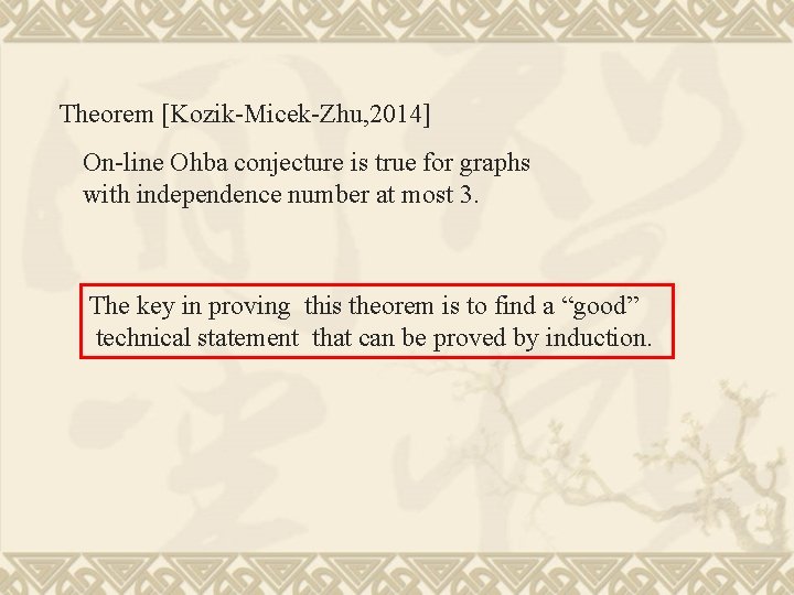 Theorem [Kozik-Micek-Zhu, 2014] On-line Ohba conjecture is true for graphs with independence number at
