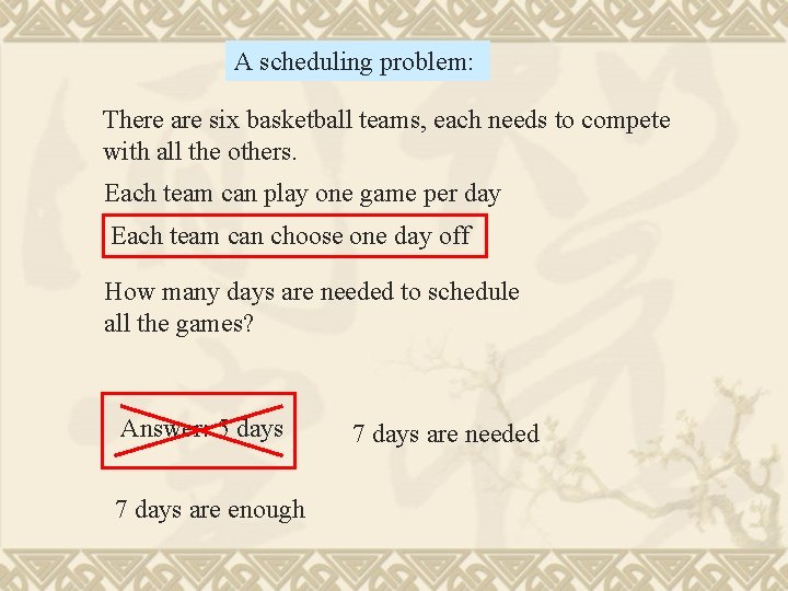 A scheduling problem: There are six basketball teams, each needs to compete with all