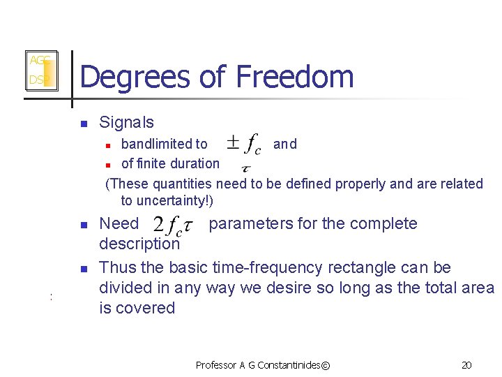 AGC DSP Degrees of Freedom n Signals bandlimited to and n of finite duration