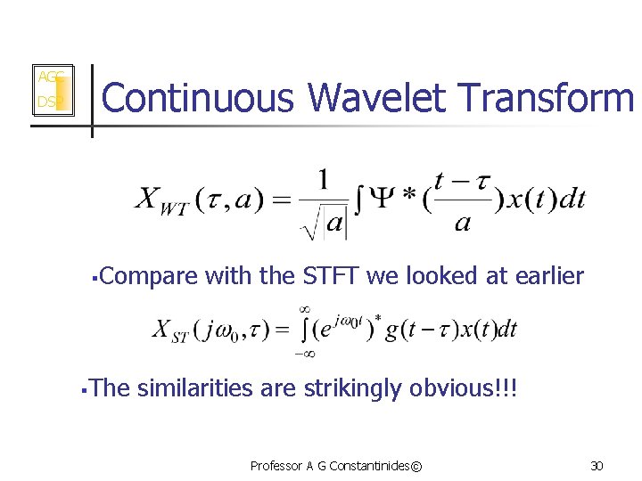 AGC Continuous Wavelet Transform DSP § § Compare with the STFT we looked at