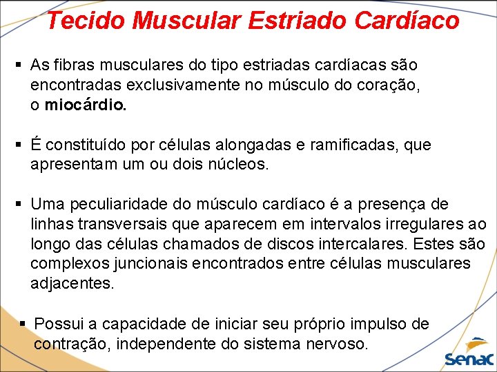 Tecido Muscular Estriado Cardíaco § As fibras musculares do tipo estriadas cardíacas são encontradas