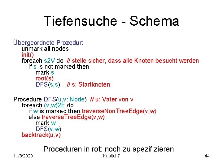 Tiefensuche - Schema Übergeordnete Prozedur: unmark all nodes init() foreach s 2 V do