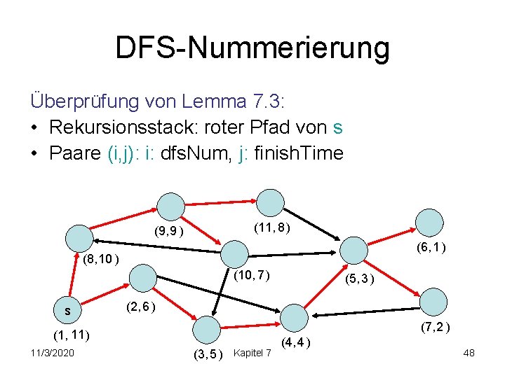 DFS-Nummerierung Überprüfung von Lemma 7. 3: • Rekursionsstack: roter Pfad von s • Paare
