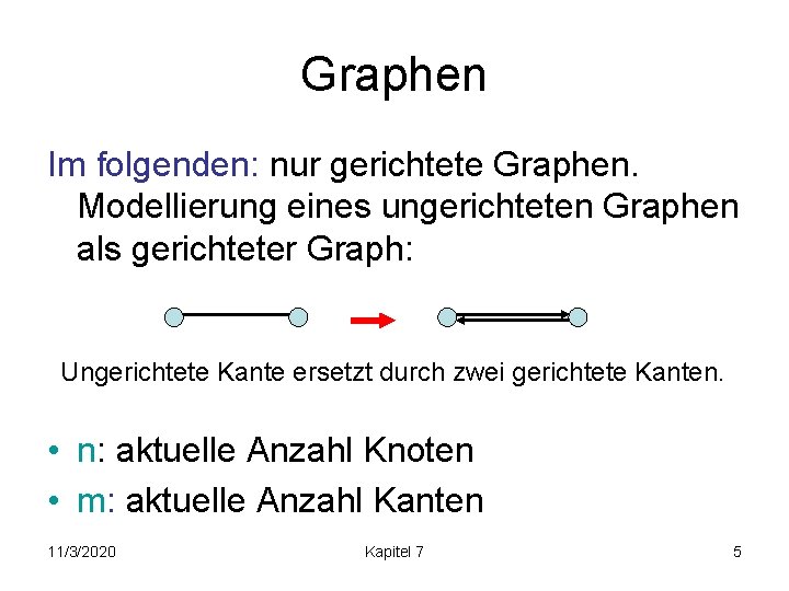 Graphen Im folgenden: nur gerichtete Graphen. Modellierung eines ungerichteten Graphen als gerichteter Graph: Ungerichtete