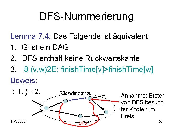 DFS-Nummerierung Lemma 7. 4: Das Folgende ist äquivalent: 1. G ist ein DAG 2.