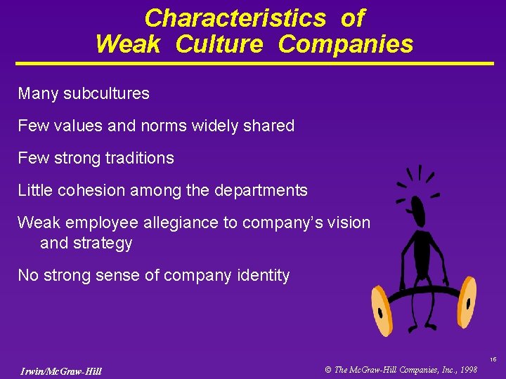 Characteristics of Weak Culture Companies Many subcultures Few values and norms widely shared Few