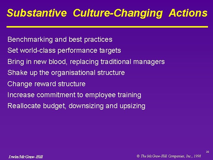 Substantive Culture-Changing Actions Benchmarking and best practices Set world-class performance targets Bring in new