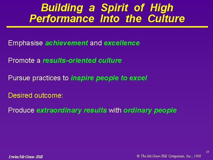 Building a Spirit of High Performance Into the Culture Emphasise achievement and excellence Promote