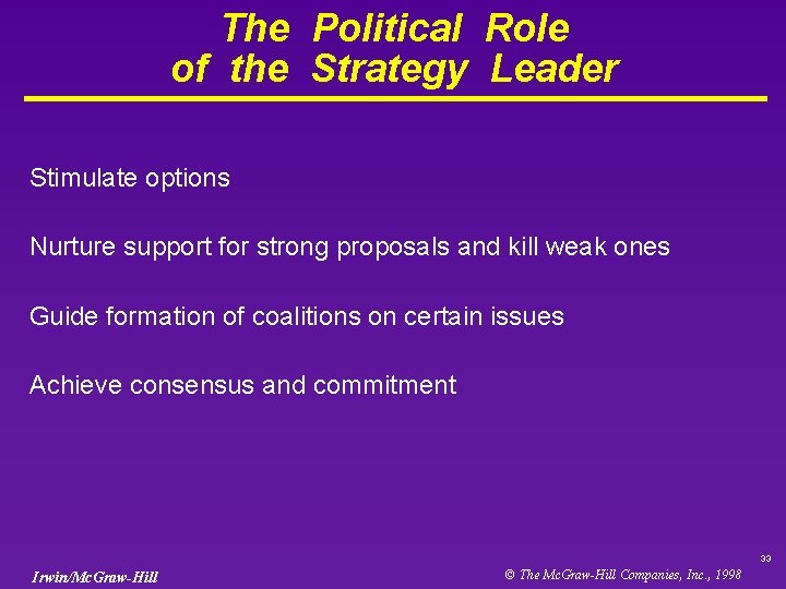 The Political Role of the Strategy Leader Stimulate options Nurture support for strong proposals