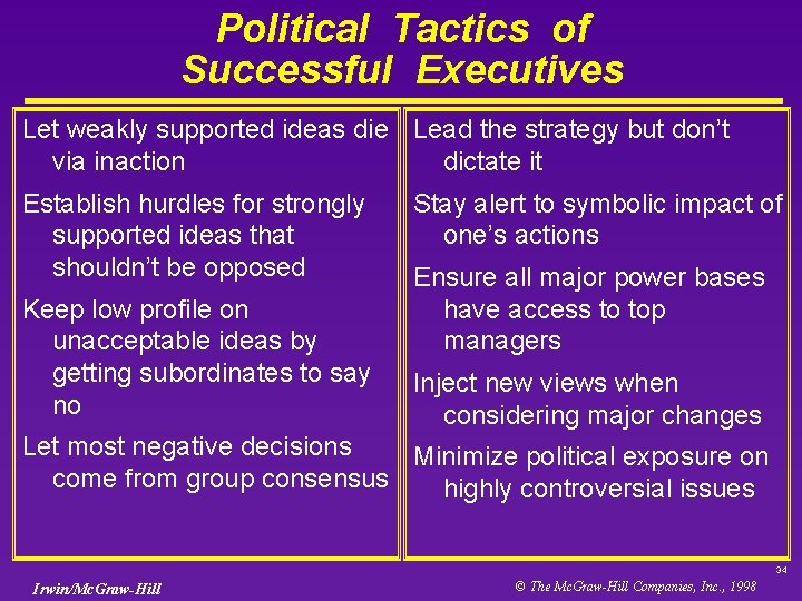 Political Tactics of Successful Executives Let weakly supported ideas die Lead the strategy but