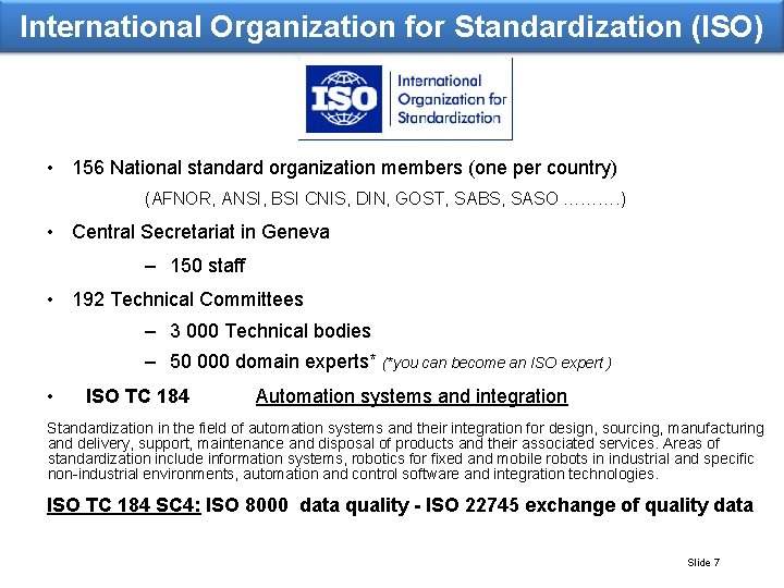 International Organization for Standardization (ISO) • 156 National standard organization members (one per country)