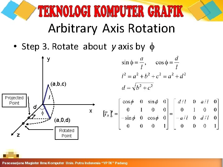 Arbitrary Axis Rotation • Step 3. Rotate about y axis by y (a, b,