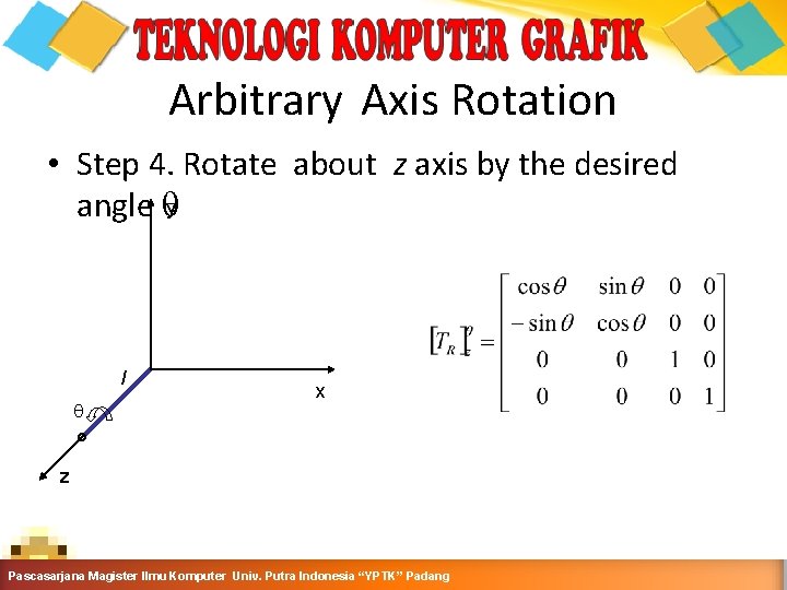 Arbitrary Axis Rotation • Step 4. Rotate about z axis by the desired angle