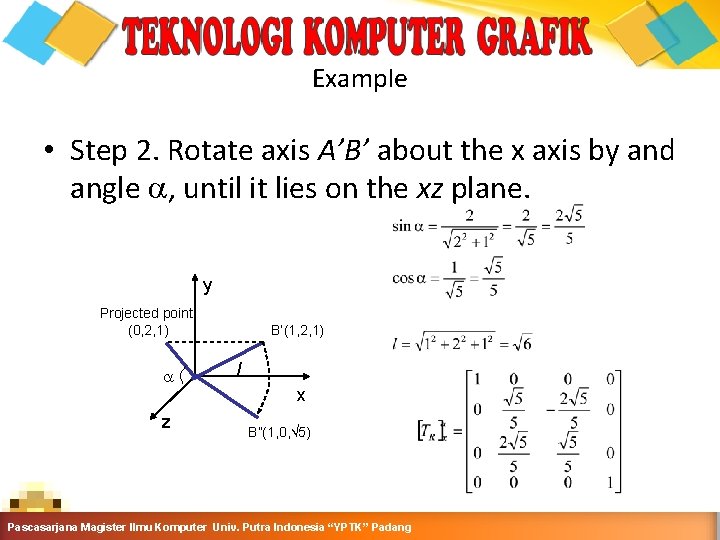 Example • Step 2. Rotate axis A’B’ about the x axis by and angle