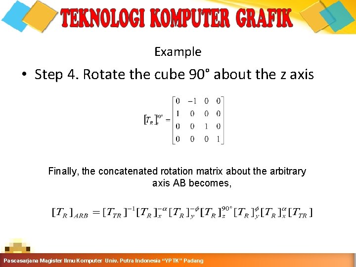 Example • Step 4. Rotate the cube 90° about the z axis Finally, the