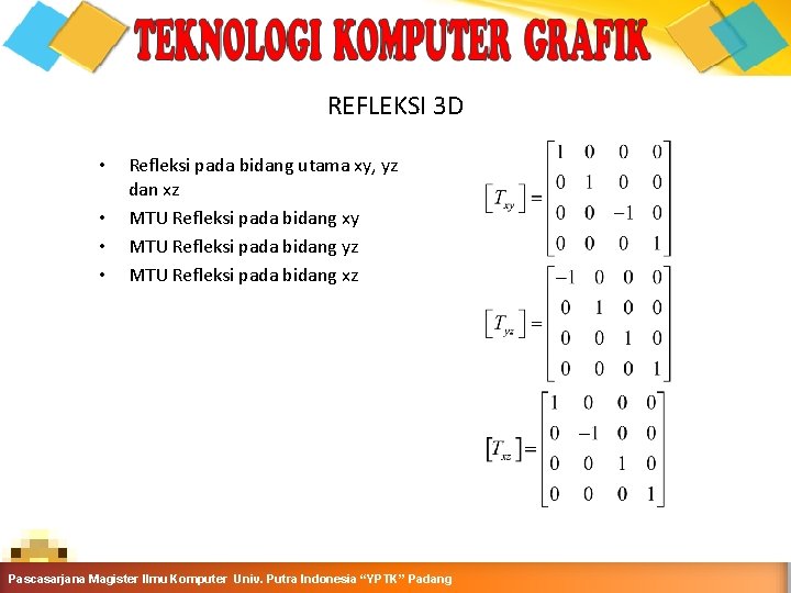 REFLEKSI 3 D • • Refleksi pada bidang utama xy, yz dan xz MTU