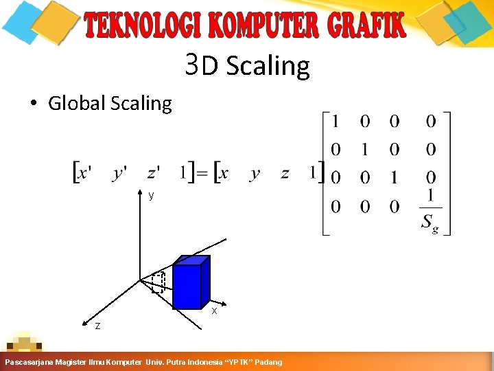 3 D Scaling • Global Scaling y x z Pascasarjana Magister Ilmu Komputer Putra