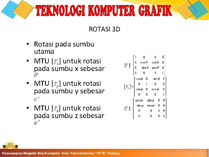 ROTASI 3 D • Rotasi pada sumbu utama • MTU [Tx] untuk rotasi pada