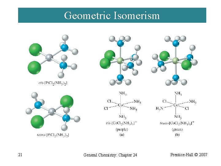 Geometric Isomerism 21 General Chemistry: Chapter 24 Prentice-Hall © 2007 