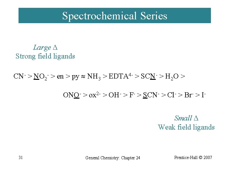Spectrochemical Series Large Δ Strong field ligands CN- > NO 2 - > en