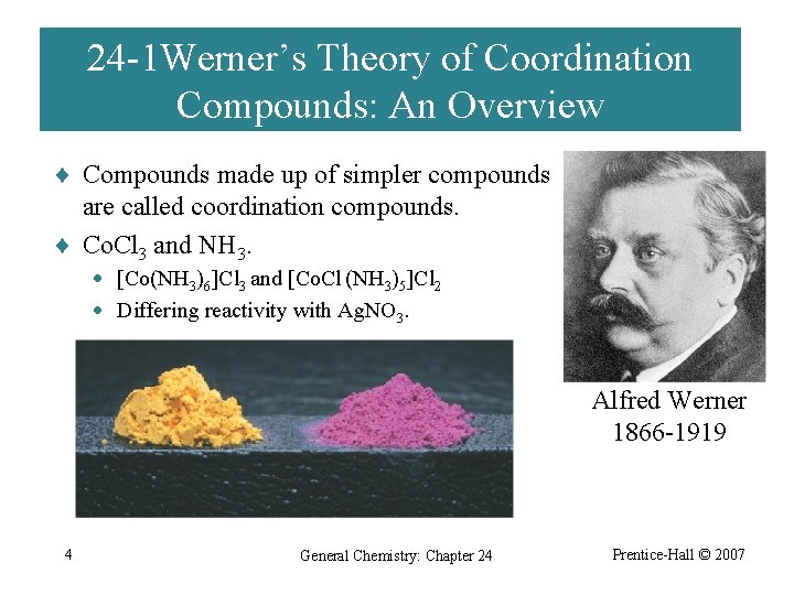 24 -1 Werner’s Theory of Coordination Compounds: An Overview ¨ Compounds made up of