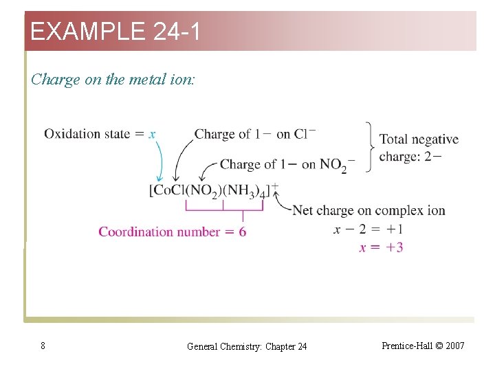 EXAMPLE 24 -1 Charge on the metal ion: 8 General Chemistry: Chapter 24 Prentice-Hall