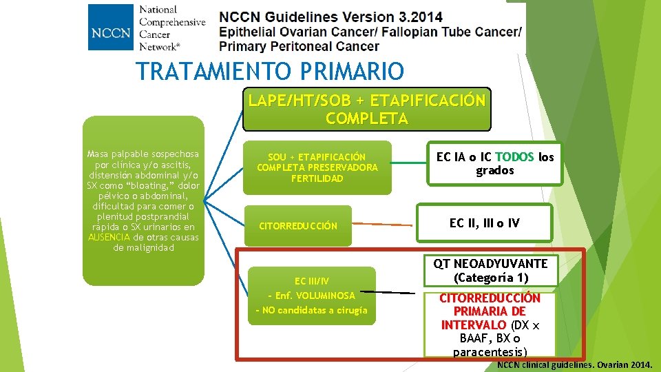 TRATAMIENTO PRIMARIO LAPE/HT/SOB + ETAPIFICACIÓN COMPLETA Masa palpable sospechosa por clínica y/o ascitis, distensión