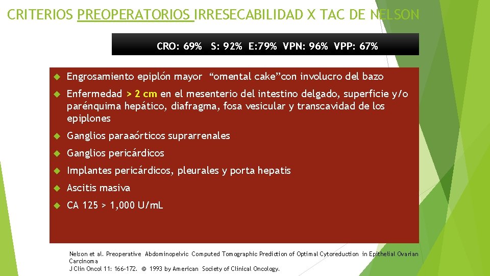 CRITERIOS PREOPERATORIOS IRRESECABILIDAD X TAC DE NELSON CRO: 69% S: 92% E: 79% VPN: