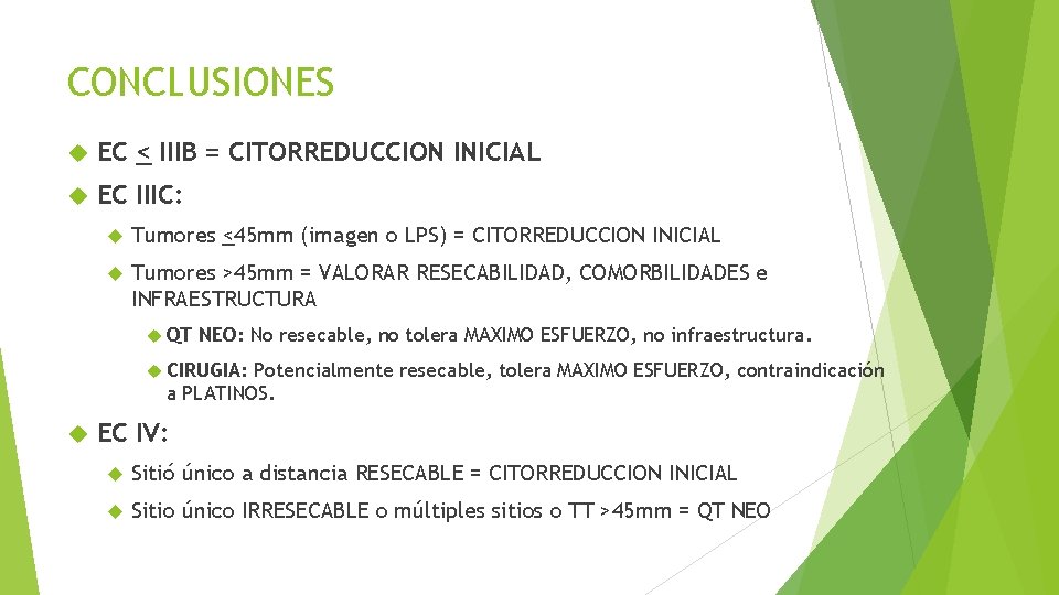 CONCLUSIONES EC < IIIB = CITORREDUCCION INICIAL EC IIIC: Tumores <45 mm (imagen o