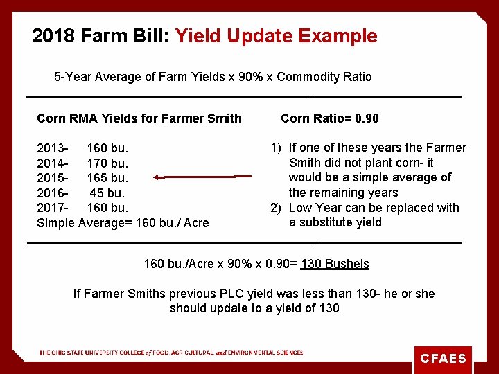 2018 Farm Bill: Yield Update Example 5 -Year Average of Farm Yields x 90%